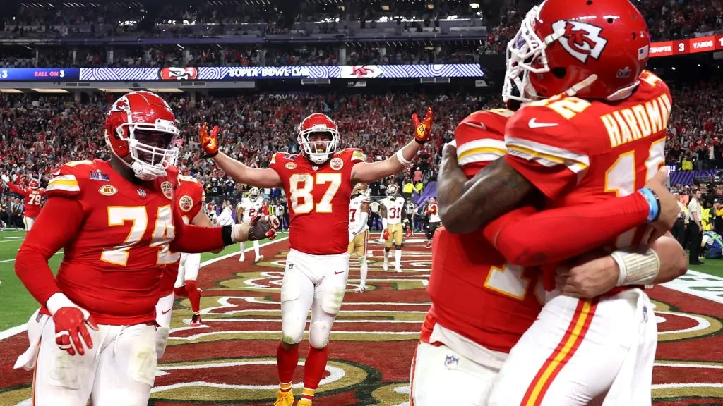 Mecole Hardman Jr. #12 of the Kansas City Chiefs celebrates with Patrick Mahomes #15 and teammates after catching the game-winning touchdown pass during Super Bowl LVIII in 2024. (Source: Ezra Shaw/Getty Images)