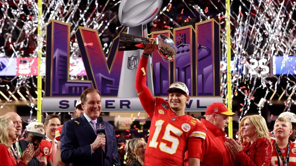 Patrick Mahomes #15 of the Kansas City Chiefs holds the Lombardi Trophy after defeating the San Francisco 49ers 25-22 during Super Bowl LVIII. (Source: Jamie Squire/Getty Images)