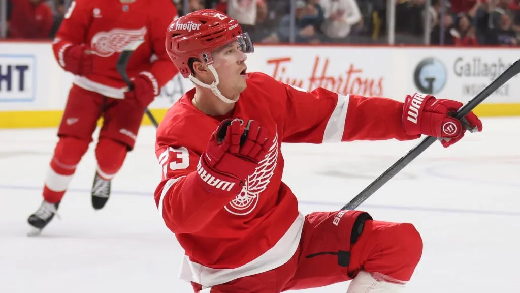 Lucas Raymond #23 of the Detroit Red Wings celebrates his overtime game winning goal to beat the Calgary Flames 2-1 at Little Caesars Arena on November 27, 2024 in Detroit, Michigan.