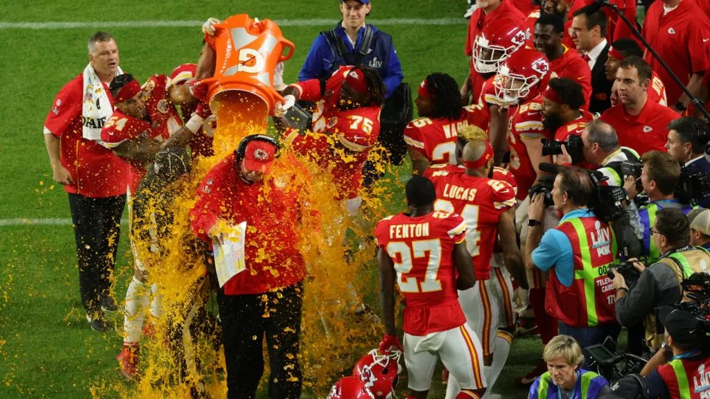 Head coach Andy Reid of the Kansas City Chiefs gets dunked in Gatorade after defeating the San Francisco 49ers 31-20 in Super Bowl LIV. (Source: Mike Ehrmann/Getty Images)