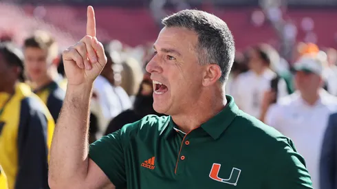 Mario Cristobal the head coach of the Miami Hurricanes in the game against the Louisville Cardinals at Cardinal Stadium on October 19, 2024 in Louisville, Kentucky.