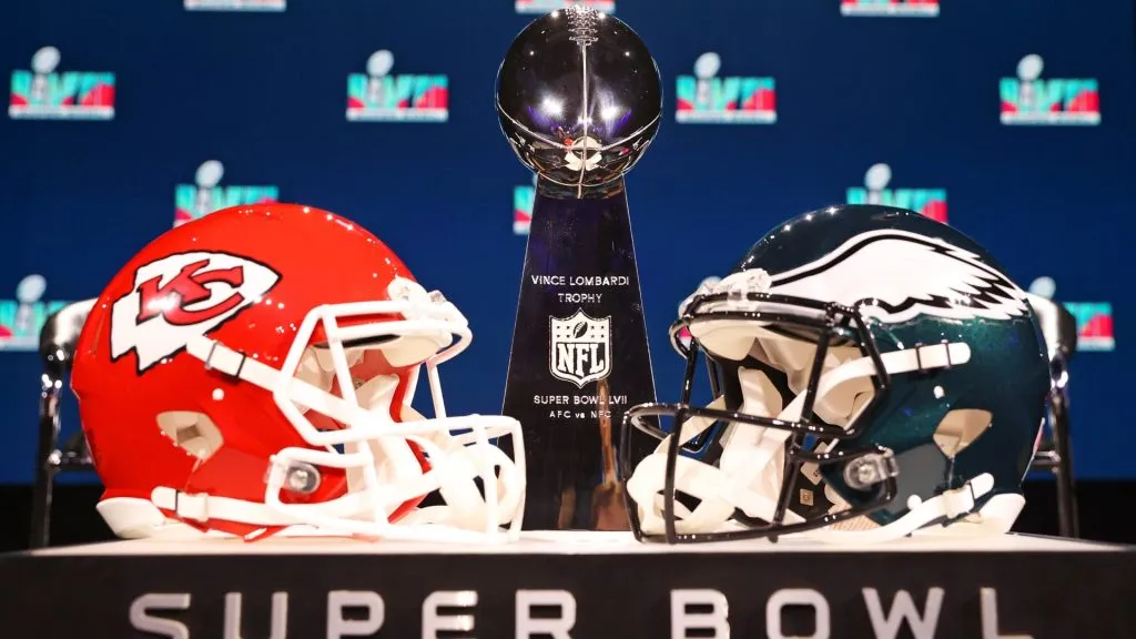 A view of the Vince Lombardi Trophy and the helmets of the Kansas City Chiefs and the Philadelphia Eagles before a press conference for NFL Commissioner Roger Goodell in 2023. (Source: Peter Casey/Getty Images)