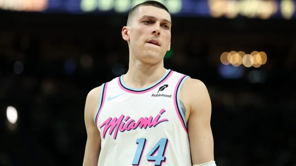Tyler Herro #14 of the Miami Heat walks backcourt during a game against the Milwaukee Bucks at Fiserv Forum. (Stacy Revere/Getty Images)