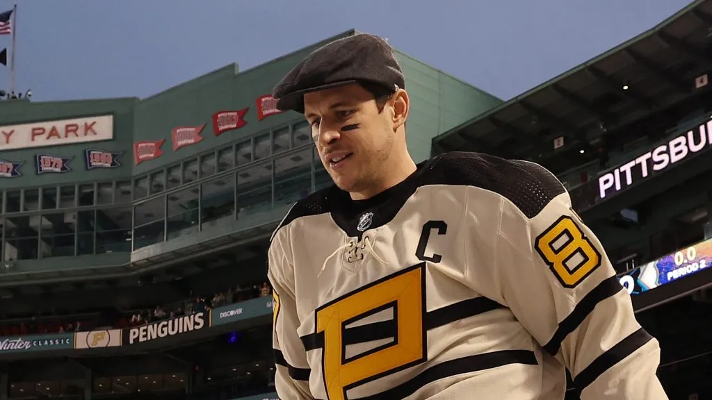 Sidney Crosby #87 of the Pittsburgh Penguins walks to the ice to practice for the 2023 Winter Classic at Fenway Park on January 01, 2023 in Boston, Massachusetts.