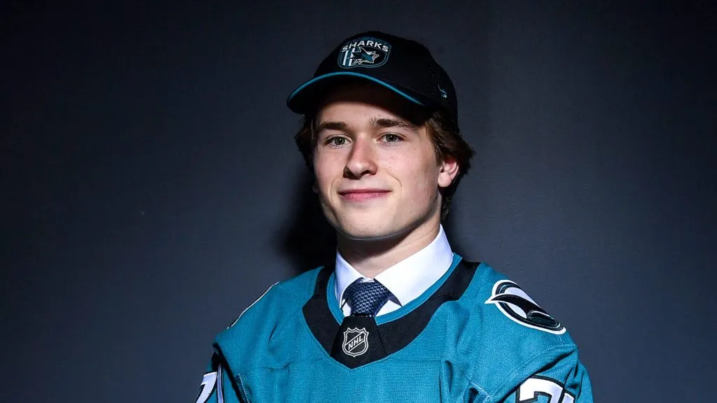 Macklin Celebrini poses for a portrait after being drafted by the San Jose Sharks with the first overall pick during the 2024 Upper Deck NHL Draft at Sphere on June 28, 2024 in Las Vegas, Nevada.