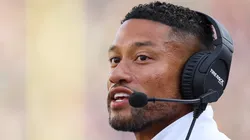 Head coach Marcus Freeman of the Notre Dame Fighting Irish looks on against the Marshall Thundering Herd during the second half at Notre Dame Stadium on September 10, 2022 in South Bend, Indiana.