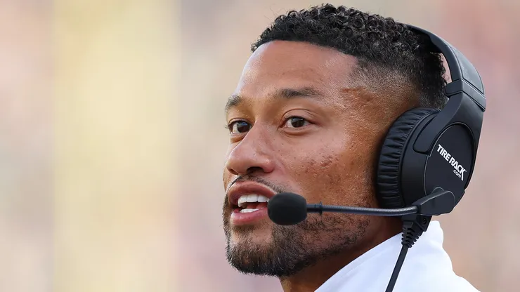 Head coach Marcus Freeman of the Notre Dame Fighting Irish looks on against the Marshall Thundering Herd during the second half at Notre Dame Stadium on September 10, 2022 in South Bend, Indiana.