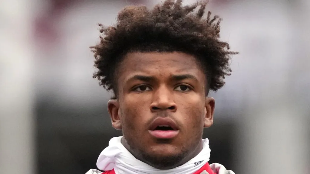 Safety Caleb Downs #2 of the Ohio State Buckeyes warms up before the game against the Indiana Hoosiers at Ohio Stadium on November 23, 2024 in Columbus, Ohio.