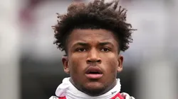 Safety Caleb Downs #2 of the Ohio State Buckeyes warms up before the game against the Indiana Hoosiers at Ohio Stadium on November 23, 2024 in Columbus, Ohio.