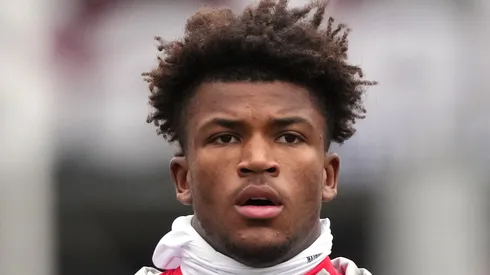 Safety Caleb Downs #2 of the Ohio State Buckeyes warms up before the game against the Indiana Hoosiers at Ohio Stadium on November 23, 2024 in Columbus, Ohio.