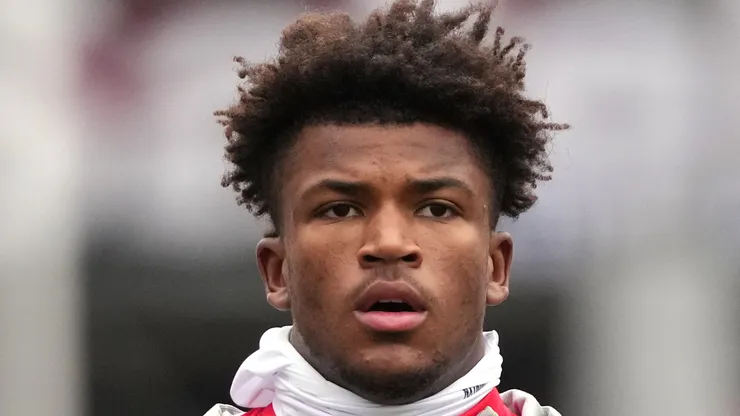 Safety Caleb Downs #2 of the Ohio State Buckeyes warms up before the game against the Indiana Hoosiers at Ohio Stadium on November 23, 2024 in Columbus, Ohio.