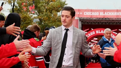 Ryan Donato #8 of the Chicago Blackhawks arrives to the red carpet prior to the game against the Vegas Golden Knights at the United Center on October 21, 2023 in Chicago, Illinois.