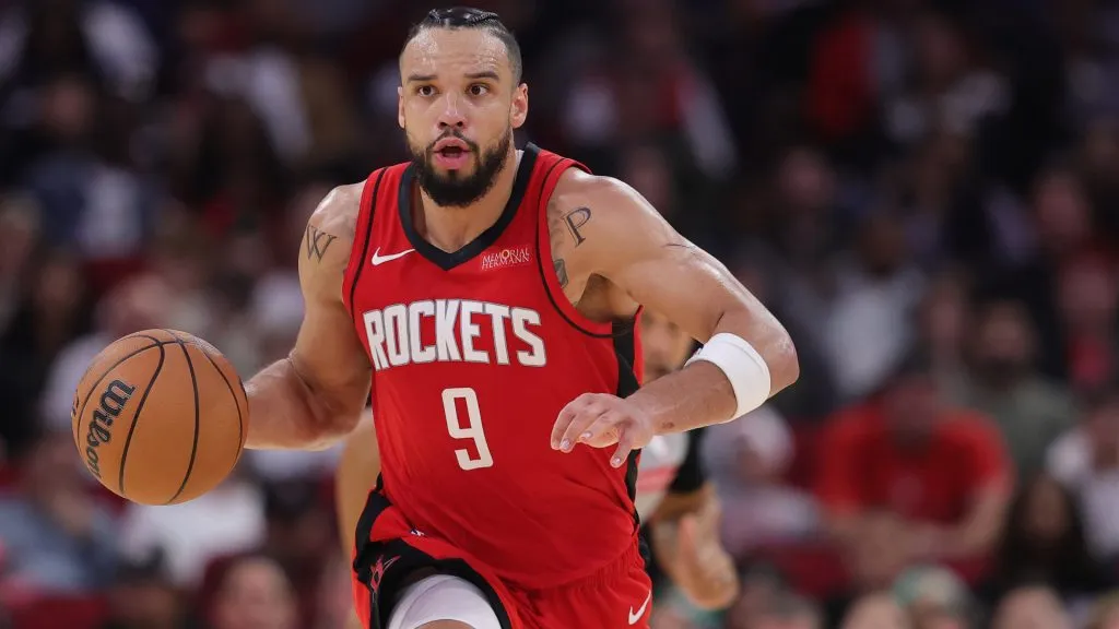 Dillon Brooks #9 of the Houston Rockets dribbles against the Miami Heat during the second half at Toyota Center.