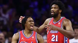 Tyrese Maxey #0 and Joel Embiid #21 of the Philadelphia 76ers during a game against the New York Knicks on April 28, 2024 in Philadelphia, Pennsylvania.