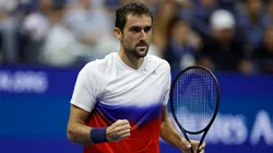 Marin Cilic of Croatia reacts against Carlos Alcaraz of Spain during their match of the 2022 US Open.