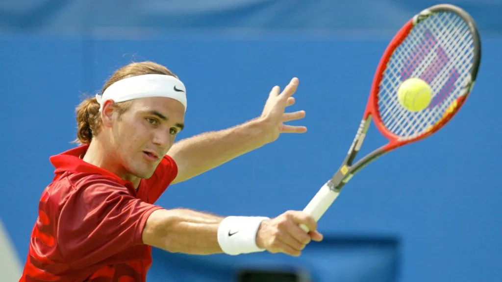Roger Federer of Switzerland in action whilst defeating Marcelo Rios of Chile during day five of the Adidas International held at the Sydney International Tennis Centre. (Scott Barbour/Getty Images)