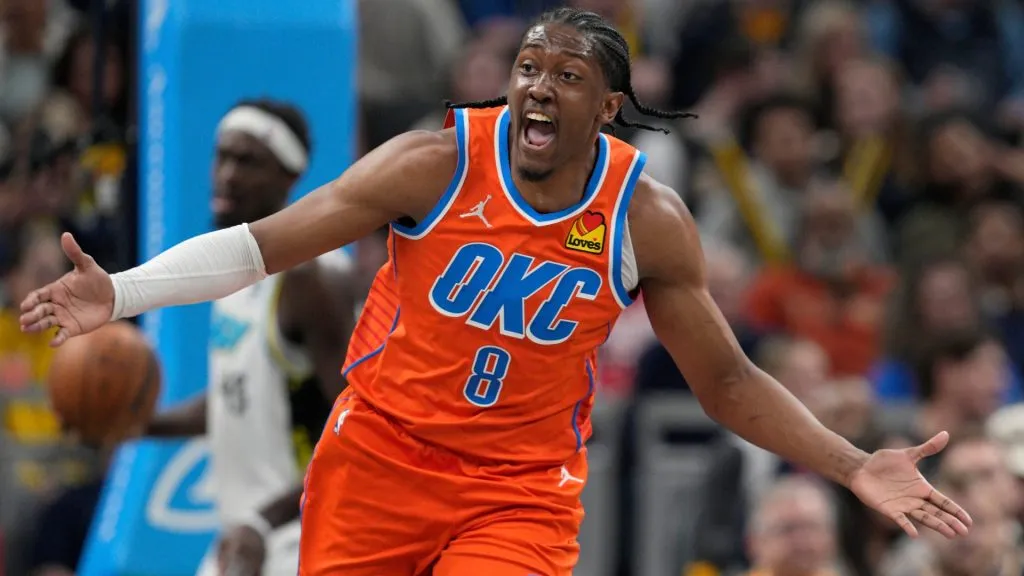 Jalen Williams #8 of the Oklahoma City Thunder reacts after scoring during the second half of an NBA basketball game against the Indiana Pacers at Gainbridge Fieldhouse on December 26, 2024. (Source: Jeff Dean/Getty Images)