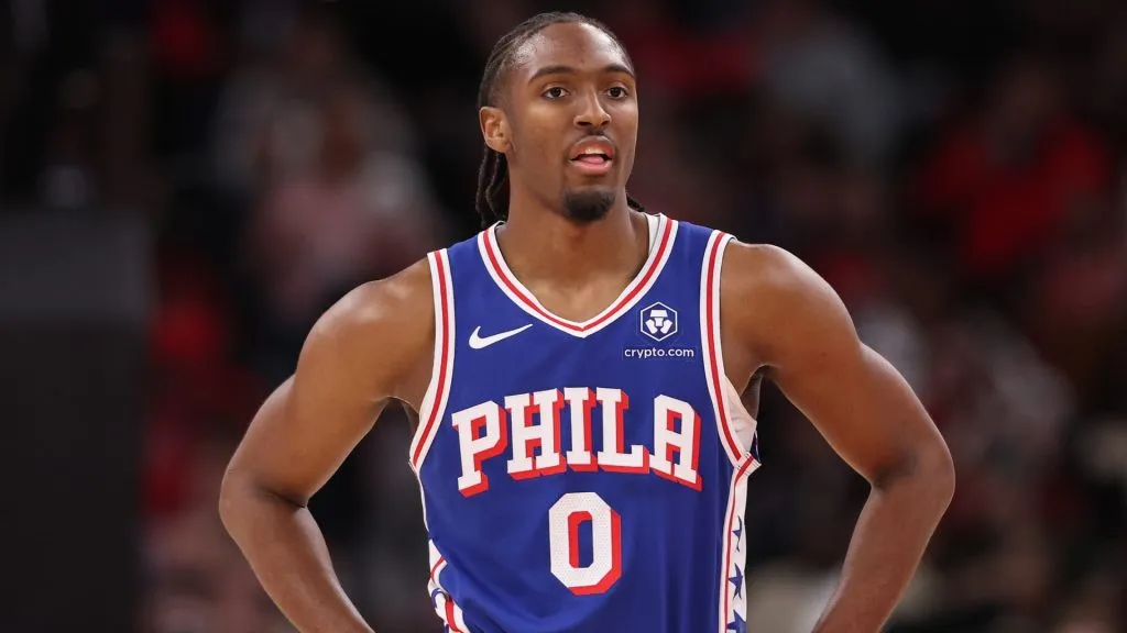 Tyrese Maxey #0 of the Philadelphia 76ers looks on against the Chicago Bulls during the first half at the United Center on January 25, 2025. (Source: Michael Reaves/Getty Images)