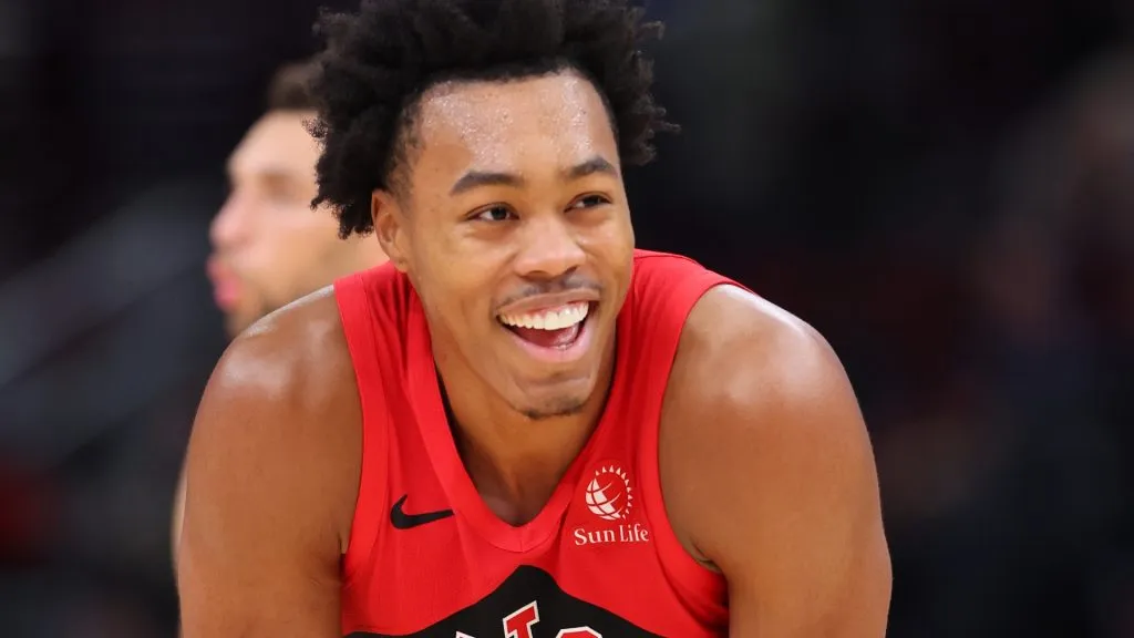 Scottie Barnes #4 of the Toronto Raptors laughs against the Chicago Bulls during the second half at the United Center on October 17, 2023. (Source: Michael Reaves/Getty Images)