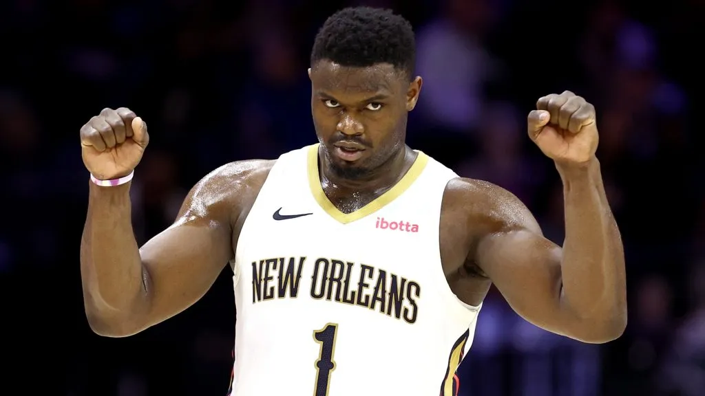 Zion Williamson #1 of the New Orleans Pelicans reacts during the second quarter against the Philadelphia 76ers at the Wells Fargo Center on March 08, 2024. (Source: Tim Nwachukwu/Getty Images)
