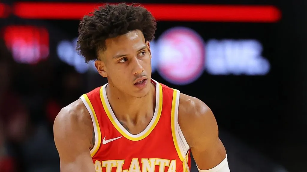 Jalen Johnson #1 of the Atlanta Hawks reacts after hitting a three-point basket against the Minnesota Timberwolves during the first quarter at State Farm Arena on October 30, 2023. (Source: Kevin C. Cox/Getty Images)