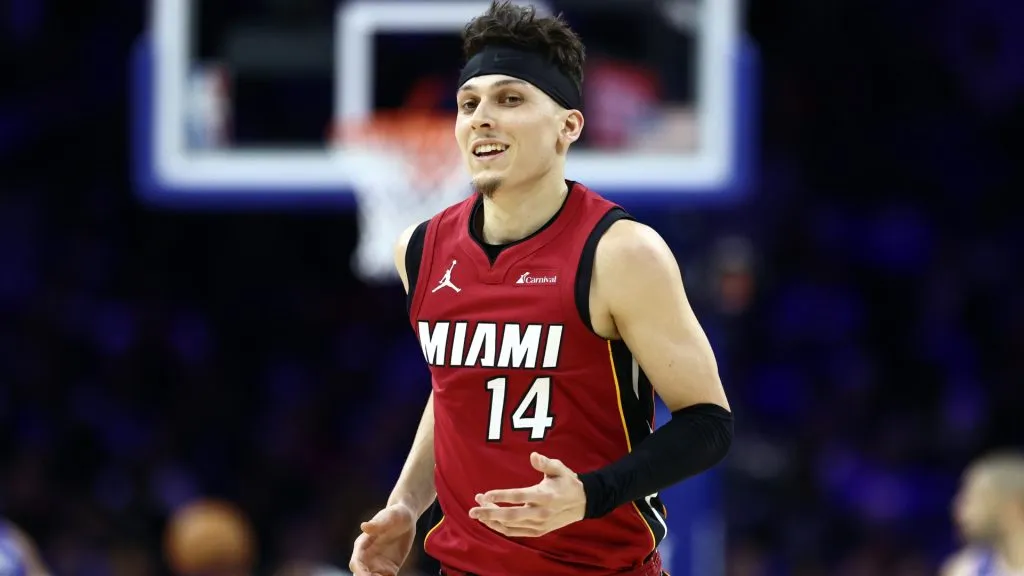 Tyler Herro #14 of the Miami Heat reacts after scoring during the second quarter against the Philadelphia 76ers of the Eastern Conference Play-In Tournament in 2024. (Source: Tim Nwachukwu/Getty Images)