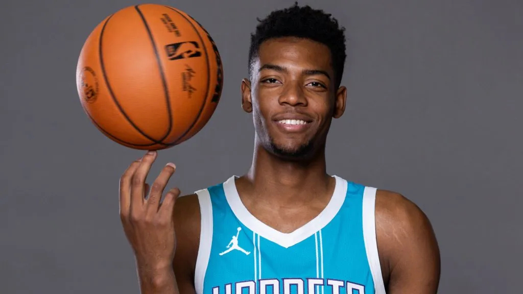 Brandon Miller #24 of the Charlotte Hornets poses for a portrait during the 2023 NBA rookie photo shoot at UNLV on July 14, 2023. (Source: Jamie Squire/Getty Images)