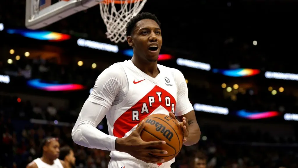 RJ Barrett #9 of the Toronto Raptors reacts to a call during the first quarter of an NBA game against the New Orleans Pelicans at Smoothie King Center on November 27, 2024. (Source: Sean Gardner/Getty Images)