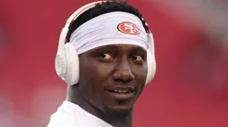 Deebo Samuel Sr. #1 of the San Francisco 49ers looks on before the game against the Detroit Lions at Levi's Stadium on December 30, 2024 in Santa Clara, California.
