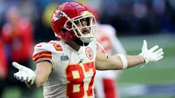 Travis Kelce #87 of the Kansas City Chiefs warms up prior to Super Bowl LVII against the Philadelphia Eagles at State Farm Stadium on February 12, 2023.