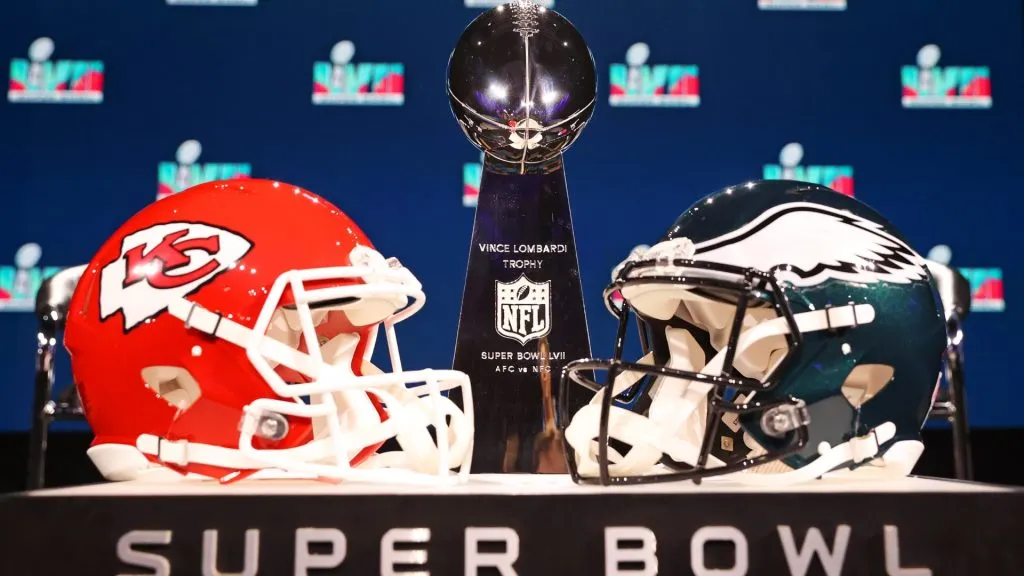 A view of the Vince Lombardi Trophy and the helmets of the Kansas City Chiefs and the Philadelphia Eagles before a press conference for NFL Commissioner Roger Goodell in 2023. (Source: Peter Casey/Getty Images)