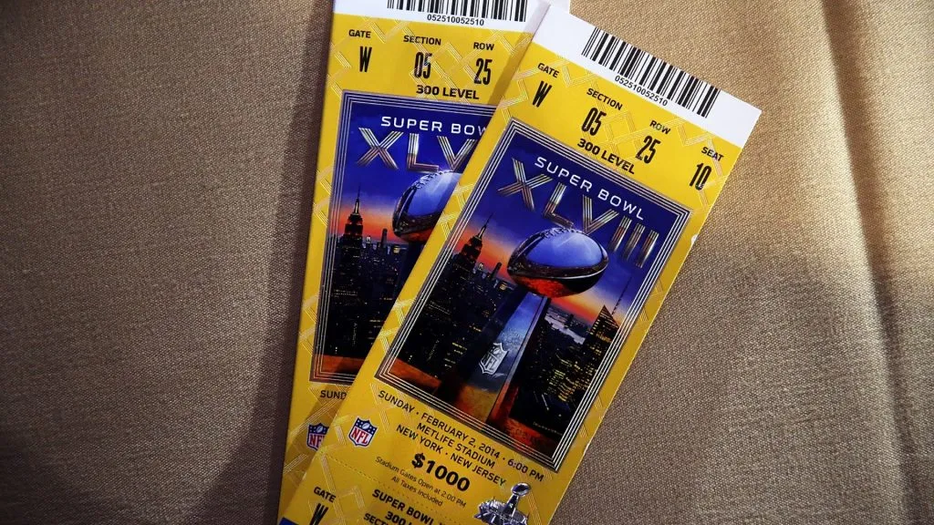 Authentic game tickets are viewed at a news conference on the latest seizure of counterfeit sports-related merchandise leading up to Super Bowl XLVIII on January 30, 2014. (Source: Spencer Platt/Getty Images)