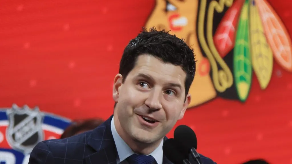 Kyle Davidson of the Chicago Blackhawks attends the 2022 NHL Draft at the Bell Centre on July 07, 2022 in Montreal, Quebec, Canada.