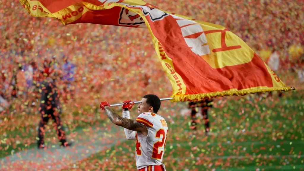 Skyy Moore #24 of the Kansas City Chiefs celebrates after beating the Philadelphia Eagles in Super Bowl LVII at State Farm Stadium on February 12, 2023. (Source: Carmen Mandato/Getty Images)