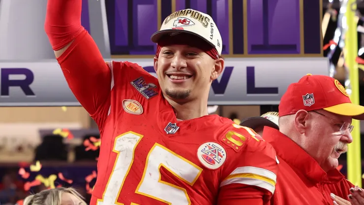 Patrick Mahomes #15 of the Kansas City Chiefs holds the Lombardi Trophy after defeating the San Francisco 49ers 25-22 during Super Bowl LVIII in 2024.