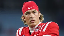 Jaxson Dart #2 of the Mississippi Rebels looks on before the start of a game against the Duke Blue Devils at EverBank Stadium on January 02, 2025 in Jacksonville, Florida.
