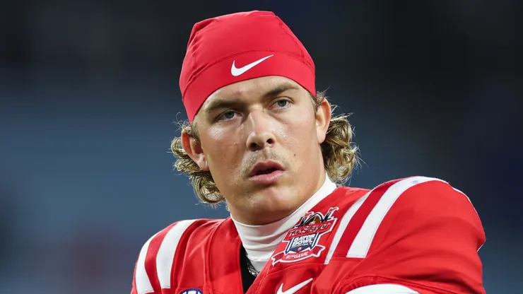 Jaxson Dart #2 of the Mississippi Rebels looks on before the start of a game against the Duke Blue Devils at EverBank Stadium on January 02, 2025 in Jacksonville, Florida.