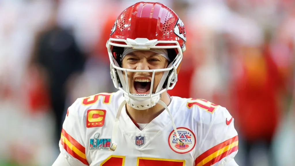Patrick Mahomes #15 of the Kansas City Chiefs reacts before playing against the Philadelphia Eagles in Super Bowl LVII at State Farm Stadium on February 12, 2023. (Source: Carmen Mandato/Getty Images)