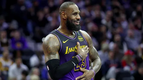 LeBron James #23 of the Los Angeles Lakers reacts to a call during the first half against the Philadelphia 76ers at the Wells Fargo Center on January 28, 2025 in Philadelphia, Pennsylvania.