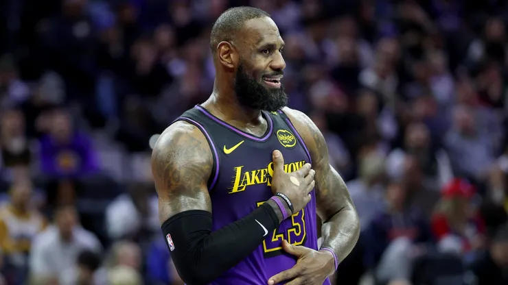 LeBron James #23 of the Los Angeles Lakers reacts to a call during the first half against the Philadelphia 76ers at the Wells Fargo Center on January 28, 2025 in Philadelphia, Pennsylvania.