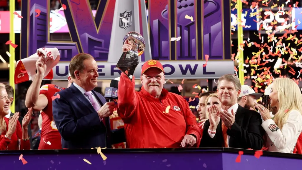 Andy Reid of the Chiefs holds the Lombardi Trophy after Super Bowl LVIII in 2024. (Jamie Squire/Getty Images)