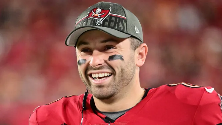 Baker Mayfield #6 of the Tampa Bay Buccaneers looks on from the sidelines during the second half of a preseason game against the Baltimore Ravens at Raymond James Stadium on August 26, 2023 in Tampa, Florida.