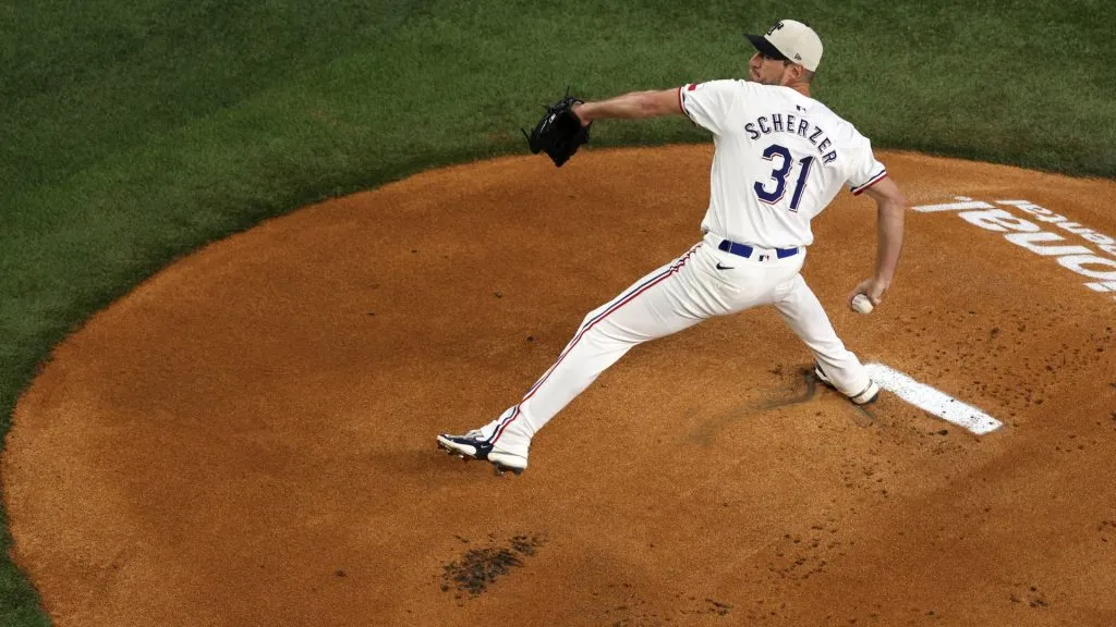 Max Scherzer #31 of the Texas Rangers pitches against the San Diego Padres during the first inning at Globe Life Field on July 4, 2024 in Arlington, Texas. (Photo by Ron Jenkins/Getty Images)