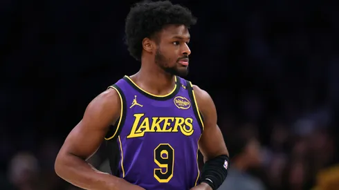 Bronny James #9 of the Los Angeles Lakers enters the game during a 119-102 Lakers win over the Atlanta Hawks at Crypto.com Arena.