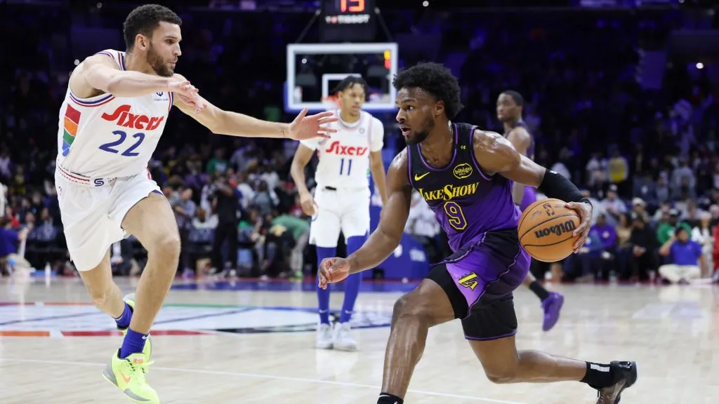 Bronny James #9 of the Los Angeles Lakers drives against Pete Nance #22 of the Philadelphia 76ers during the second half at the Wells Fargo Center. (Emilee Chinn/Getty Images)