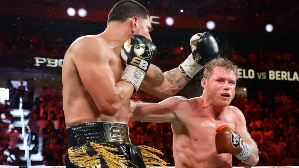 WBC/WBA/WBO super middleweight champion Canelo Alvarez (R) punches Edgar Berlanga during the 12th round of a title fight at T-Mobile Arena on September 14, 2024 in Las Vegas, Nevada. (Photo by Steve Marcus/Getty Images)