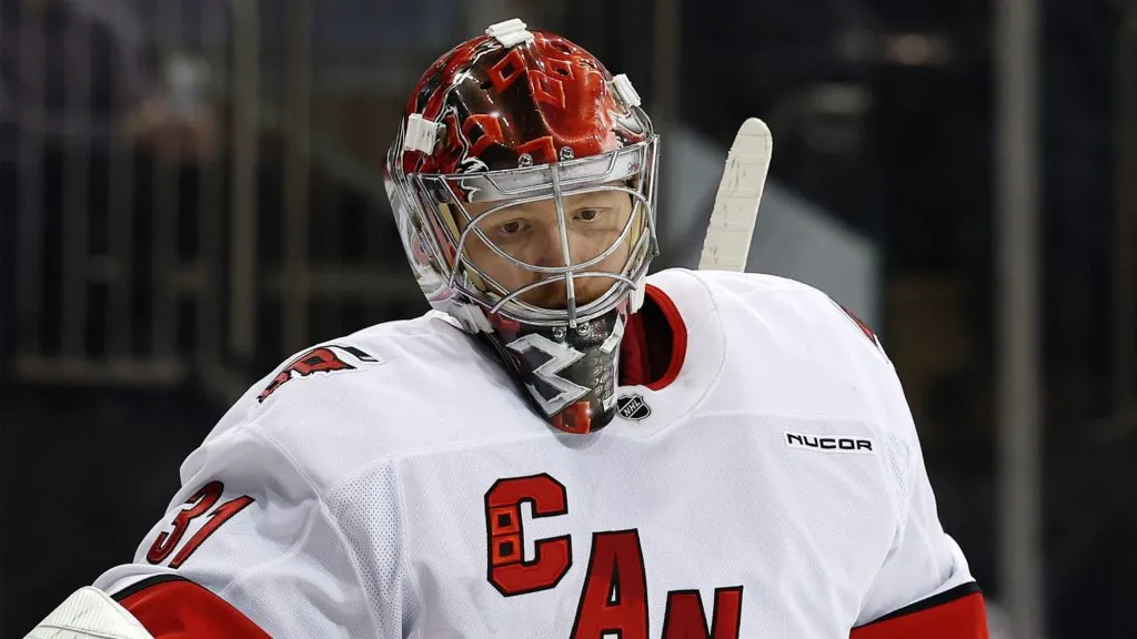 Frederik Andersen #31 of the Carolina Hurricanes looks on during the second period against the New York Rangers at Madison Square Garden on January 28, 2025 in New York City.