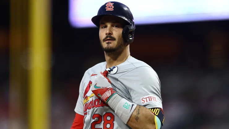 Nolan Arenado #28 of the St. Louis Cardinals looks on during the third inning against the Philadelphia Phillies at Citizens Bank Park on June 02, 2024 in Philadelphia, Pennsylvania.