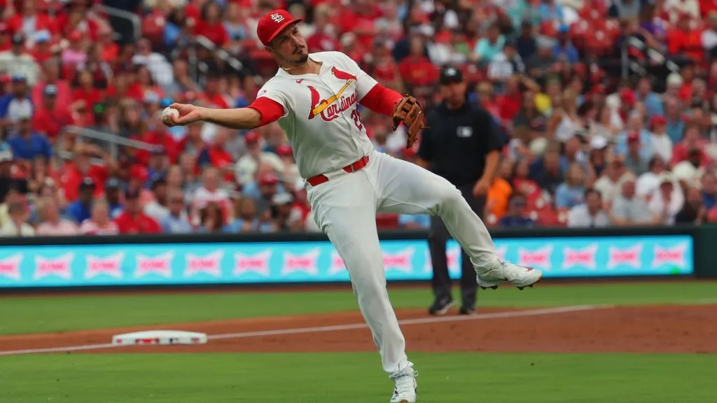 Nolan Arenado #28 of the St. Louis Cardinals fields the ball against the Kansas City Royals in the third inning during game two of a doubleheader at Busch Stadium on July 10, 2024 in St Louis, Missouri. (Photo by Dilip Vishwanat/Getty Images)