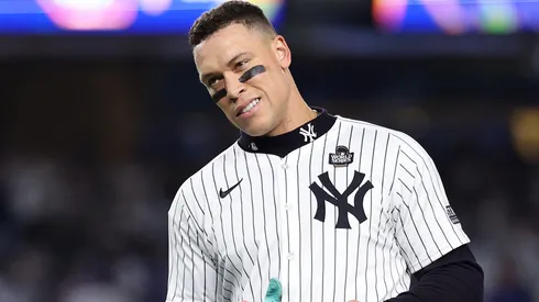 Aaron Judge #99 of the New York Yankees walks off the field after being left on base during the eighth inning of Game Five of the 2024 World Series against the Los Angeles Dodgers at Yankee Stadium on October 30, 2024 in the Bronx borough of New York City.